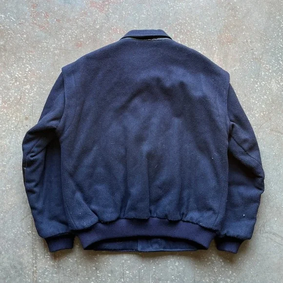 VTG 70s 80s John Henry Navy Wool Leather Trim Bomber Jacket Men's Size L Quilted - Picture 4 of 9